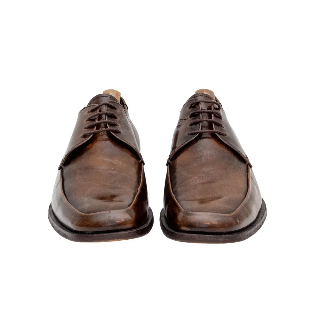 PRADA Brown Polished Leather Square Toe Derby Dress Shoes US‎ 8 UK 7